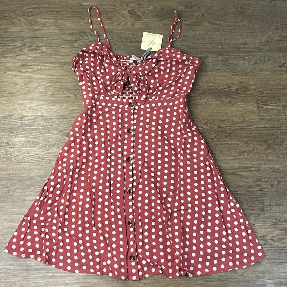 Dress Forum Womens Rust/White Polka Dot Spaghetti Strap Peek a Boo Front Dress S